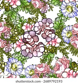 Abstractas patrón sin fisuras con plantas, hierbas y flores, ilustración botánica.