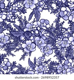 Abstract seamless pattern with plants, herbs and flowers, botanical illustration.