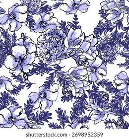 Abstractas patrón sin fisuras con plantas, hierbas y flores, ilustración botánica.