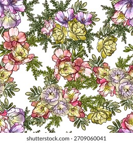 Abstract seamless pattern with plants, herbs and flowers, botanical illustration.
