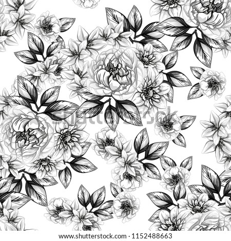 Abstract seamless pattern with plants, herbs and flowers, colorful botanical illustration.