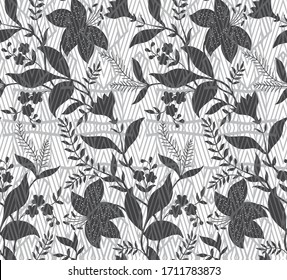 Abstract seamless pattern with plants, and hibiscus flowers, geometric African background. monochrome pattern with tropical motifs.