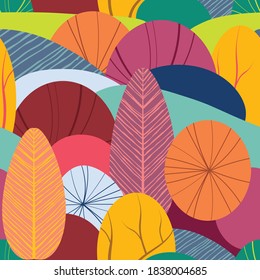 Abstract seamless pattern with plants, leaves, forest theme. Hand draw texture, vector template. 