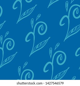
Abstract seamless pattern with plants, monochrome blue color range