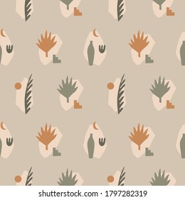 Abstract seamless pattern with plants, vases and graphic elements. Trendy graphic design for banner, poster, card, invitation, wrapping paper or textile