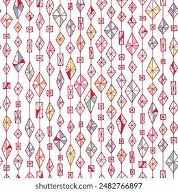 Abstract seamless pattern with playful rhombuses and rectangles, vector hand drawn colorful festive illustration isolated on white background