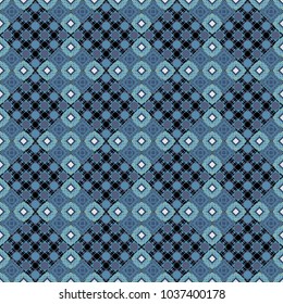 Abstract seamless pattern of a plurality stylized elements in neutral, blue and black colors. Vector textured background.
