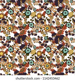 Abstract seamless pattern of a plurality stylized elements in green, gray and pink colors. Textured background.