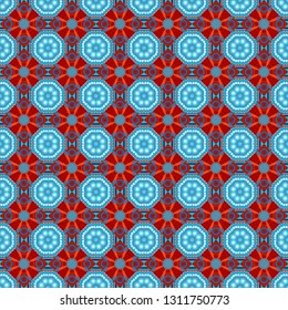 Abstract seamless pattern of a plurality stylized elements in orange, blue and red colors. Vector textured background.