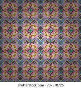 Abstract seamless pattern of a plurality stylized elements in green, brown and pink colors. Vector textured background.