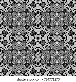 Abstract seamless pattern of a plurality stylized elements in white, gray and black colors. Vector textured background.