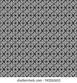 Abstract seamless pattern of a plurality stylized elements in black, white and gray colors. Vector textured background.