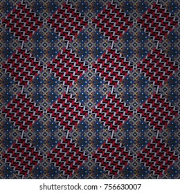 Abstract seamless pattern of a plurality stylized elements in black, violet and red colors. Vector textured background.
