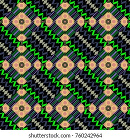 Abstract seamless pattern of a plurality stylized elements in black, green and pink colors. Vector textured background.