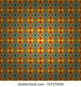 Abstract seamless pattern of a plurality stylized elements in green, orange and brown colors. Vector textured background.