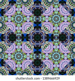 Abstract seamless pattern polygonal and Mandala shape kaleidoscope geometry in black, blue and purple colors. Vector template circle decorative. Vector illustration.