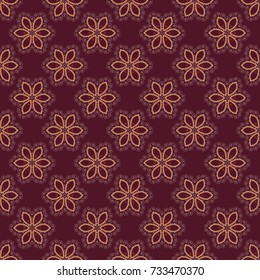 Abstract seamless pattern polygonal and Mandala shape kaleidoscope geometry in purple, brown and beige colors. Vector template circle decorative. Vector illustration.
