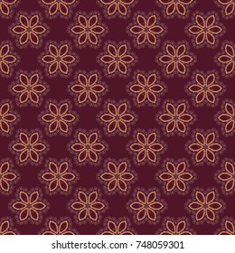 Abstract seamless pattern polygonal and Mandala shape kaleidoscope geometry in purple, brown and beige colors. Vector template circle decorative. Vector illustration.