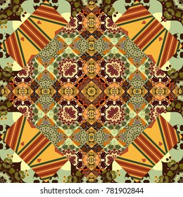 Abstract seamless pattern polygonal and Mandala shape kaleidoscope geometry in brown, yellow and green colors. Vector template circle decorative. Vector illustration.