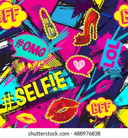 Abstract seamless  pattern with  Pop art comicspeech bubbles , for textile. fashion  Modern grunge background for girls and boys. Lol , xoxo, selfie, BFF