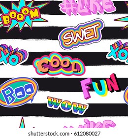 Abstract seamless pattern with Pop art comicspeech bubbles , for textile. fashion Modern grunge background for girls and boys. boo , xoxo, bom, fun, wow, swet, like.