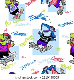 Resumen de un patrón sin fisuras con predadores y texto de graffiti. El personaje de caricatura Tiburón y dino repite la impresión para ropa de niño, envolviendo papel. Dinosaurios y tiburones en patineta. Ornamento de patinaje