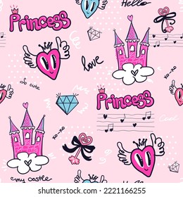 Abstraktes nahtloses Muster mit Prinzessin Text, Diamanten, Schloss auf Wolke, Cartoon Herz mit Flügeln, Noten und Kronen, Schlüssel, Bogen, Punkte, handgeschriebene Wörter Love, xo-xo, hello. Cartoon-Kind-Wiederholdruck