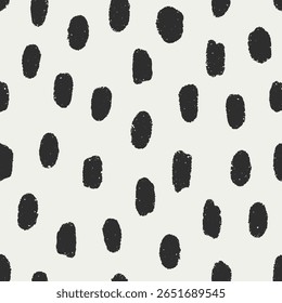 Abstract seamless pattern, print. Black and white background, repeating texture design with paint stains, dots, rough blobs in grunge style. Flat vector illustration for textile, fabric, wallpaper
