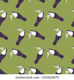 Abstract seamless pattern with purple colored zoo toucan silhouettes. Pastel green background. Doodle print. Flat vector print for textile, fabric, giftwrap, wallpapers. Endless illustration.