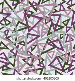 Abstract seamless pattern of purple, pink, turquoise and green overlapping triangles chaotic scattered on a light grey background.