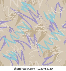 
Abstract seamless pattern with purple, turquoise and brown curved lines on a beige background. For textile, wallpaper, fabric and background.