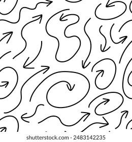 Abstraktes nahtloses Muster mit skurrilen Doodle-Pfeilen. Vektorgrafik Umriss Liniengrafik Hintergrund. Niedliche naive Schnörkellinien