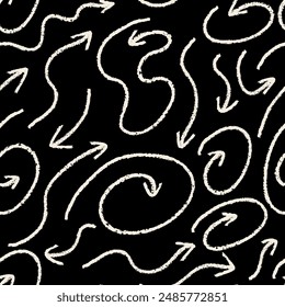 Abstract seamless pattern with quirky doodle crayon arrows. Vector outline line art background. Cute naive squiggle charcoal lines