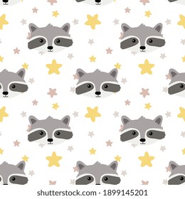 Abstract seamless  pattern with raccoons and stars.  Perfect background for fabric, wrapping, textile, wallpaper, decoration.  Vector illustration