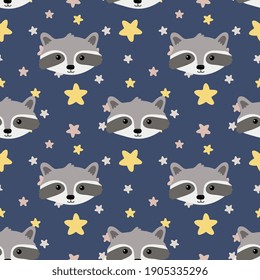 Abstract seamless  pattern with raccoons and stars.  Perfect background for fabric, wrapping, textile, wallpaper, decoration.  Vector illustration