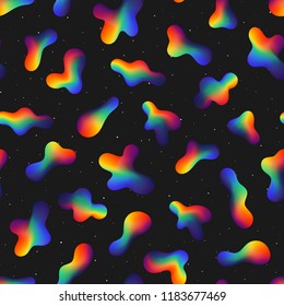 Abstract Seamless Pattern of Rainbow Gradient Formless Shapes on Dark Starry Backdrop. Retro Continuous Background of Simple Colored Forms.