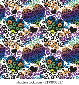Abstract seamless pattern with rainbow heart and leopard spots.Graffiti vector endless texture 