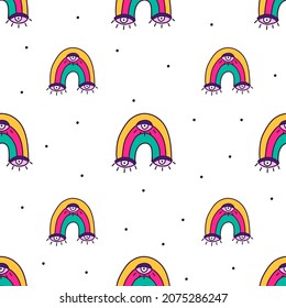 Resumen Patrón sin foco con arcos de lluvia y ojos. Estilo psicodélico. Estilo de caricatura de fondo de color.