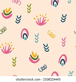 Abstract Seamless pattern. Rainbows lines squiggles dots and ticks. Perfect for fabric, textile, paper, wallpaper, wrapping or greeting card. Vector cartoon illustration.