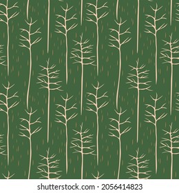 Abstract seamless pattern with rainy forest. Stylish beige trees on a green background. Vector repeating texture for wallpapers, covers, tiles, fabric prints, digital paper, cards, banners, albums