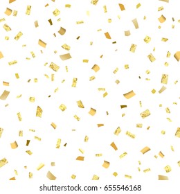 Abstract seamless  pattern of random gold confetti on white background. Colorful celebration background  with gold confetti.  Vector illustration.