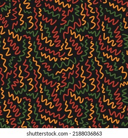 Abstract seamless pattern with random hand drawn scribbles doodle lines in traditional African colors - red, yellow, green on black background. Ethnic backdrop for Kwanzaa, Black History Month