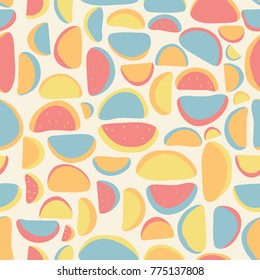 Abstract seamless pattern with random shapes similar to watermelon pieces. Bright colors on beige background
