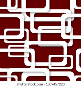 Abstract seamless pattern of randomly arranged white rectangle frames with soft shadows on burgundy background