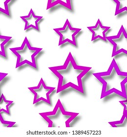 Abstract seamless pattern of randomly arranged purple stars with soft shadows on white background