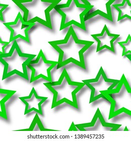 Abstract seamless pattern of randomly arranged green stars with soft shadows on white background