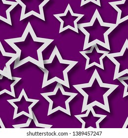 Abstract seamless pattern of randomly arranged white stars with soft shadows on purple background
