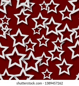 Abstract seamless pattern of randomly arranged white stars with soft shadows on burgundy background