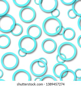 Abstract seamless pattern of randomly arranged light blue rings with soft shadows on white background