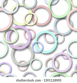 Abstract seamless pattern of randomly arranged colored rings with soft shadows on white background